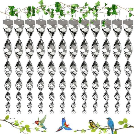 Reflektierendes spiralförmiges Vogelabwehrset (12-teilig), dekorative Vogelabwehr für Balkon und Garten, 360° drehbar, tierfreundlich, wetterfest, silberfarben. (1/3)