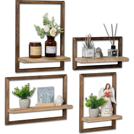 Etagere Murale Bois Etagere Murale Etagere Flottante Lot de 4 Decoration Murale Petite Tablette Murale Salle de Bain Cuisine Retro Brown (1/5)
