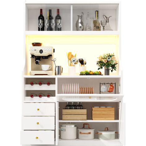 Meuble colonne cuisine 120 cm avec LED RGB pilotée par appli, portes coulissantes vitrées, range-bouteilles, 3 tiroirs et portes relevables, blanc - CHICFURN (1/5)