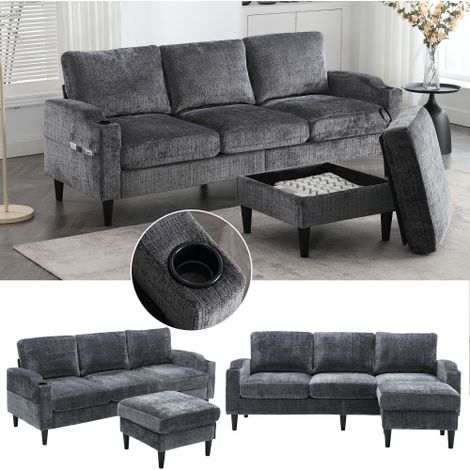 Elegantes Sofa mit Hocker & Stauraum – 4-Sitzer mit bequemen Armlehnen, Getränkehalter, Seitentaschen & robusten Kunststofffüßen, Samtbezug für hautfreundlichen Komfort