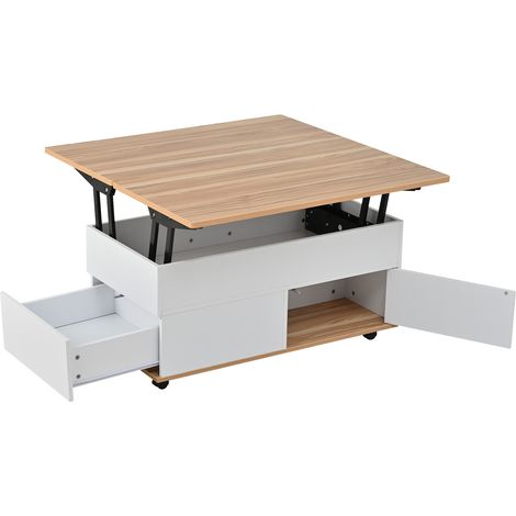 Tavolino da salotto sollevabile 100 x 98 x 65 cm bianco e legno con ruote e contenitore (1/5)