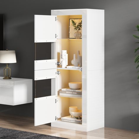 Vetrina LED bianca con 2 ante in vetro, mobile contenitore per soggiorno, mobiletto lucido, 61×42×162cm (1/5)