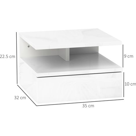 Table de chevet suspendue en bois (avec tiroir et étagère ouverte), 35 x 32 x 22,5 cm, blanche (1/5)