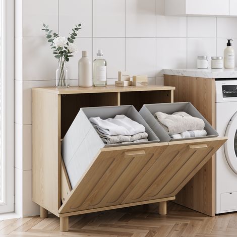 REDOM Mobile portabiancheria 66x35x67 cm, 2 cesti rimovibili e portatili, ribaltabile, contenitore nascosto, MDF, rovere
