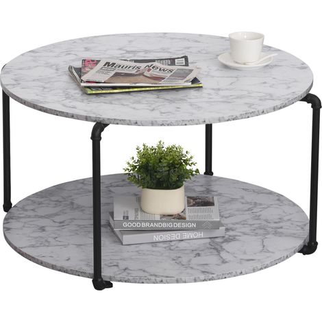 Table Basse Ronde avec étagère dim. Ø 80 x 45H cm Panneaux Particules Imitation marbre Blanc métal Noir (1/5)