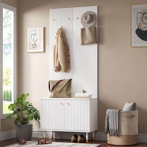 Mueble de entrada, 70x35x180 cm, con zapatero de 2 puertas, 6 ganchos y estante superior, MDF/PB blanco. (1/5)