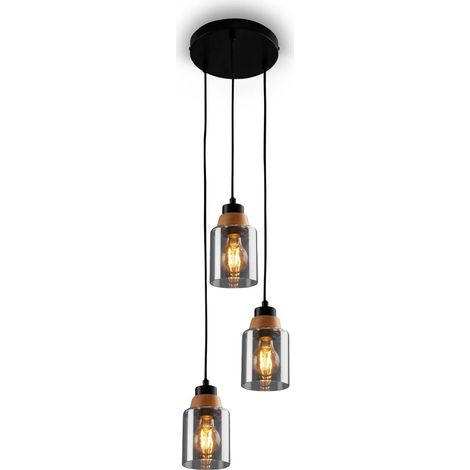 Suspension à 3 ampoules, verre fumé, plafonnier, lampe, lampe de salon, abat-jour en verre fumé, lampe suspendue, lustre, lampe de chambre à coucher, bois noir (1/5)