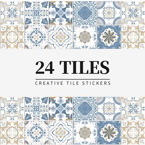 24-piece Self-adhesive Flower Tile 15x15cm Blue, for Kitchen, Bathroom, Library. Waterproof and oil-resistant, PVC self-adhesive paper, retro wall sticker, removable. (1/4)
