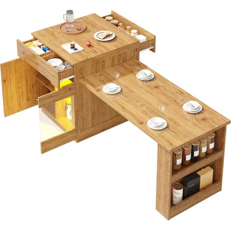 Desserte de Cuisine avec Tiroirs, Porte Vitrée et Étagères Ouvertes, LED, Plateau Extensible, MDF Finition Bois (1/5)