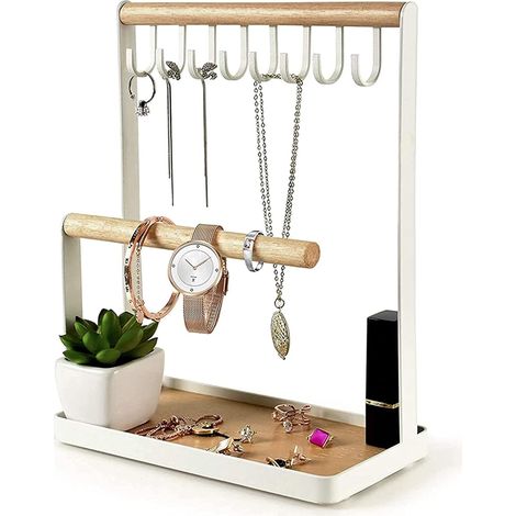 Support À Bijoux En Bois - Organisateur Colliers Et Boucles D Oreilles - 8 Crochets Pour Bagues Et Montres - Design Étagère Multi-Niveaux - Dimensions 22x10x26cm (1/5)