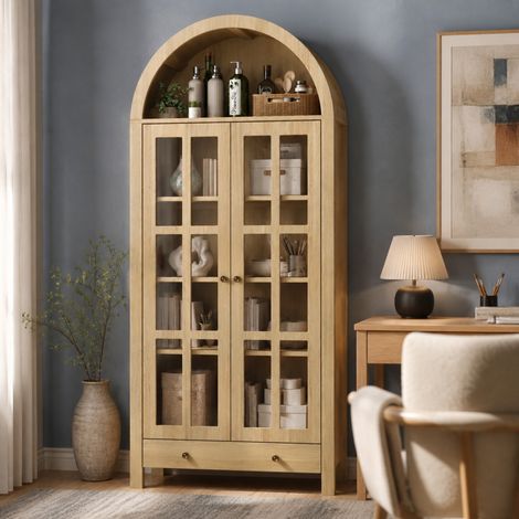 Vitrine colonne 75 x 35 x 170,5 cm en MDF, avec portes en acrylique transparentes, étagères de rangement, espace ouvert en arc et grand tiroir, pour salon ou bureau – CHICFURN (1/5)