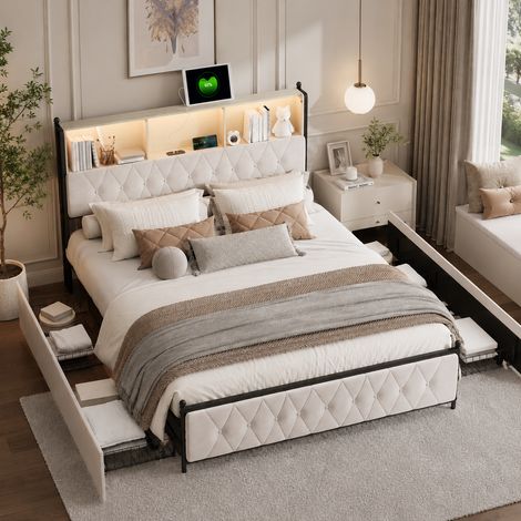 Lit 140x200 coffre avec 4 tiroirs , led lit double avec ports usbc, tête de lit avec rangement, cadre de lit avec sommier, beige velours (1/5)