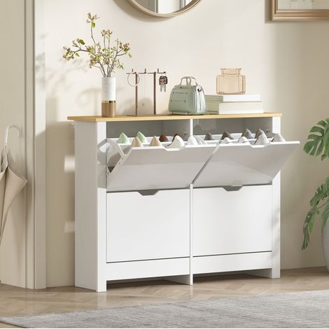 Mueble zapatero estrecho de 4 solapas, 105 x 26 x 80 cm, blanco y natural OKMYHOME (1/5)