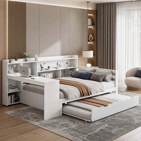 DESMIU Lit combiné 140 × 200 cm 2 places avec bureau, étagères, prises USB et Type-C, sans matelas, blanc (1/4)