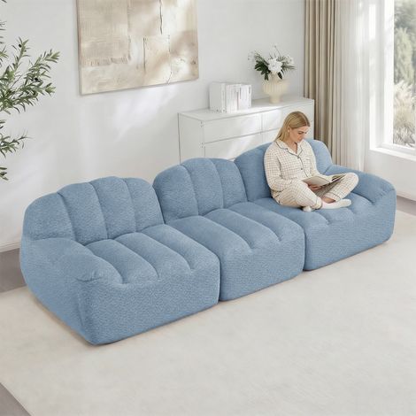 Canapé modulable 3 places 288 x 104 x 79 cm - Tissu bouclette bleu - Mousse 32D, assise profonde (1/5)