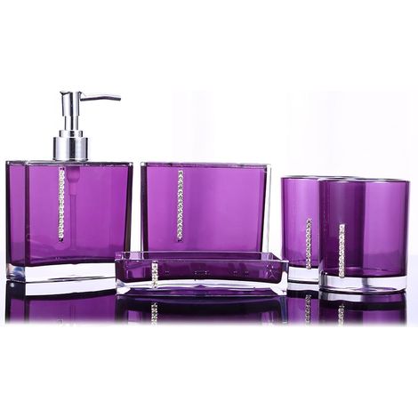 Ensemble d'accessoires de Salle de Bain Violet 5 pièces, Tasse Bain, Bouteille, Porte-Brosse à Dents, Porte-Savon, kit comptoir vanité Salle pour décoration (1/5)