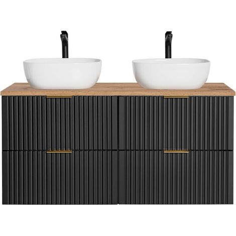 Insieme mobile sotto lavabo NOXERA 140 cm – Nero opaco e rovere – 2 mobili + 2 nicchie + piano per lavabo