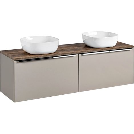 Waschtischunterschrank Set 160cm in taupe mit Vintage Eiche PUEBLA-56-TAUPE 2 Keramikbecken, 2 Softclose-Schubkästen, B/H/T 160,4/62,5/46 cm (1/5)