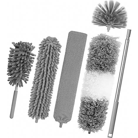 6 pièces Plumeau Poussiere Telescopique,plumeau Toile araignée,Plumeaux Microfibre Lavable Tête Nettoyage Différentes, Plumeau Télescopique pour Ventilateur Plafond, Toile Araignée