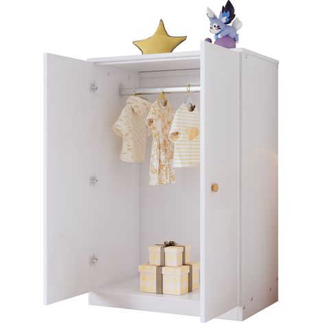 Kleiner Kleiderschrank mit Kleiderstange, 2 Türen, kompakter Schlafzimmer- & Kinderkleiderschrank aus MDF, Weiß