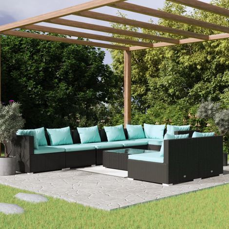 9-tlg. Garten-Lounge-Set mit Kissen Schwarz Poly Rattan (1/5)
