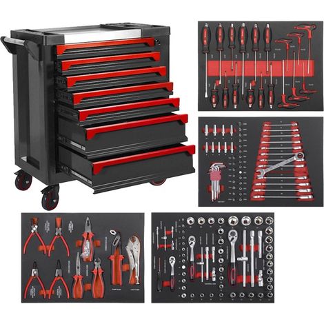 Carro de taller con herramientas, 7 cajones y 4 modulos en Fibra de carbono, rojo (1/5)