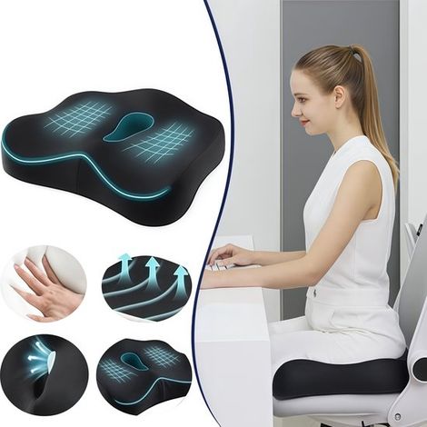 Coussin d'assise en mousse à mémoire de forme 44 x 39 x 10 cm, coussin de chaise et siège auto, soutien du coccyx et des hanches, housse en maille, noir (1/5)