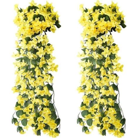 UlisemLot de 2 fleurs artificielles suspendues - Fleurs artificielles - Violet - Glycine - Plantes suspendues - En plastique - Pour bureau, maison, fête, mariage, décoration de maison - Jaune