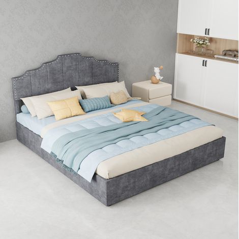 Lit à étage 160/200 cm gris en tissu avec matelas inclus et tête de lit géométrique (1/5)