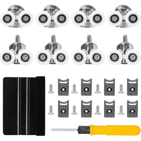 8 Pièces Porte de Douche Roulette en Alliage de Zinc Diamètre 25mm, Porte Coulissante, Cabine de Douche pour Verre de 4-6mm d'Épaisseur, avec Fixations et Raclette (1/5)