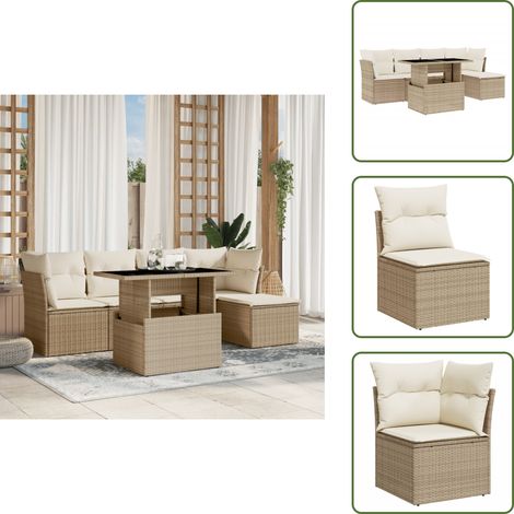 6-tlg. Garten-Sofagarnitur mit Kissen Beige Poly Rattan - Gartenmöbel Set - PE-Rattan Möbel - Outdoor Sofa - Lounge Set - Gartenlounge (1/5)