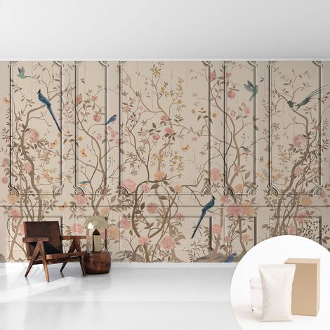 Papier peint décoratif avec colle pour salon, chambre à coucher et bureau – Design moderne et facile à poser Oiseaux et fleurs 416x254 cm (1/5)