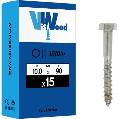 15 vis bois tirefond 10x90/54mm tête hexa Inox A2 Viswood