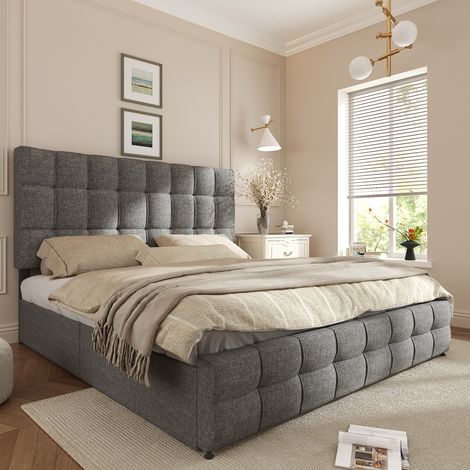 Lit coffre double 140x200 cm avec 4 tiroirs, sommier à lattes métalliques inclus, tête de lit réglable en hauteur, design matelassé carré, tissu lin gris, structure robuste, rangement intégré. (1/5)