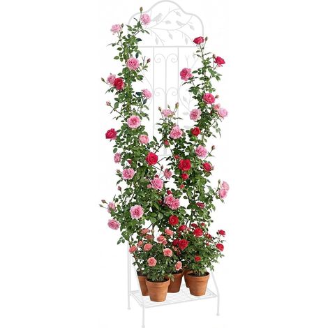 COSTWAY Griglia metallica da giardino 189,5x50 cm, recinzione decorativa per piante rampicanti con ripiano pieghevole, dispositivo anti-ribaltamento, picchetti, griglia per fiori da giardino, cortile,