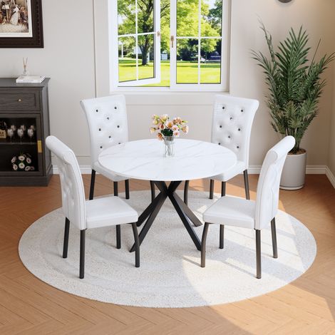 Set da pranzo con tavolo rotondo effetto marmo e 4 sedie, piano in MDF, gambe in metallo, nero e bianco (1/5)