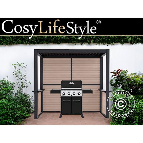 Pergola San Juan for BBQ, complete w/louvre walls and sides, 2.5x1.5x2.3 m, Black/Wood-look - Dancover