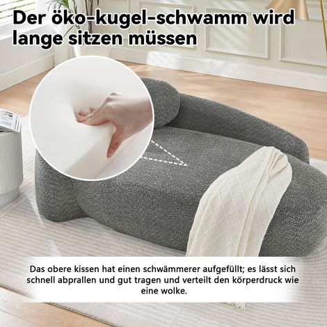 Canapé design en tissu polaire doux, forme arrondie, assise moelleuse avec coussins confortables, parfait pour séjour, chambre ou studio, couleur gris. (1/5)