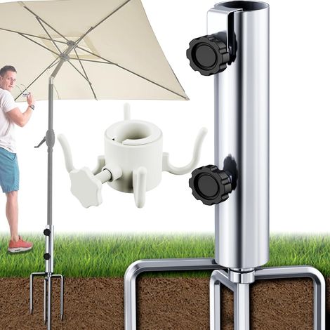 Pied de parasol XL Ø 43 mm avec crochet de suspension pour parasol de plage – Pied de parasol avec 4 piquets, amovible, réglable, ancrage au sol robuste pour parasol en métal, support de (1/5)