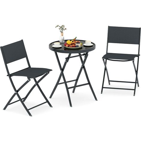 COSTWAY Set di 3 Bistro Giardino Pieghevole, Mobili da Pranzo con Sedili in Tessuto Traspirante, Piano in Vetro Temperato, Set Tavolino e Sedie da Esterno con Struttura in Metallo per Cortile Giardino (1/5)