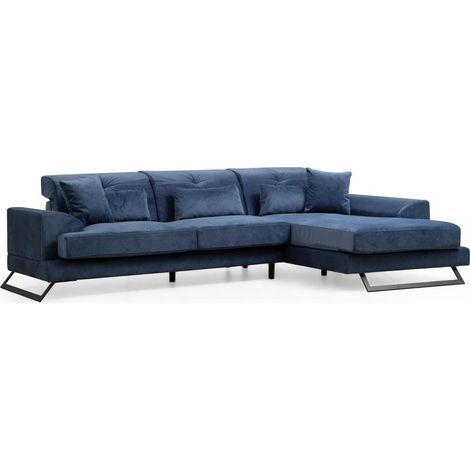 Canapé d'angle droit velours bleu avec têtières relevables et pieds metal noir Briko 308cm (1/5)