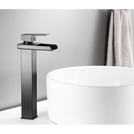 Lavabo de encimera negro de caño ancho para agua fría y caliente con grifo de un solo orificio y doble orificio, sin tubería de entrada. (1/2)