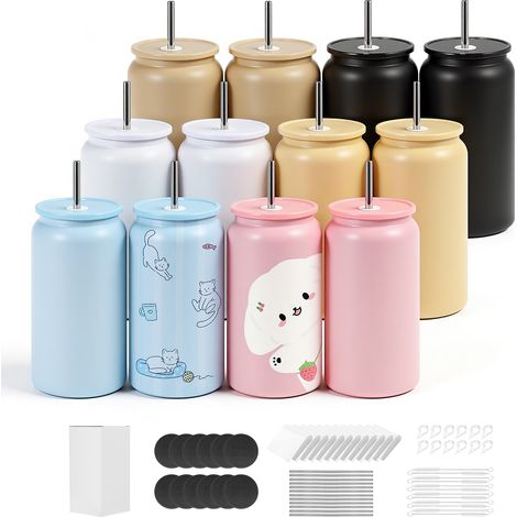 VEVOR Sublimationsbecher 12 Stk. (473 mL), Mehrfarbige Sublimationsthermobecher aus Edelstahl mit Deckeln & Strohhalm, Doppelwandige Isolierte Sublimationstrinkflaschen für DIY-Projekte Geschenke (1/5)