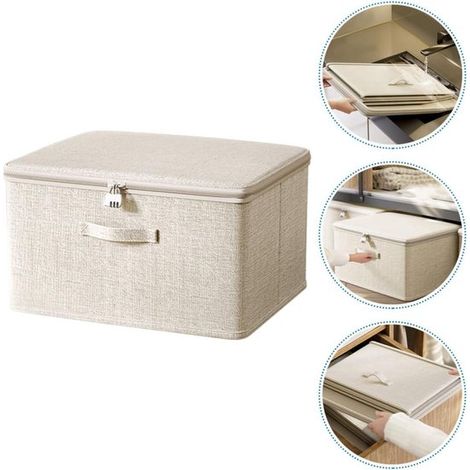 Boîte de rangement pliable en tissu - 40x30x21 cm - en coton et lin - avec cadenas à combinaison (1/5)