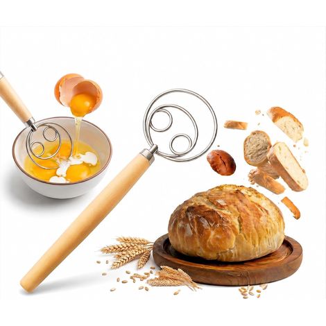 Fouet Cuisine, Fouet Danois en Acier Inox pour Pâte, 25 cm Double œillet, manche bois hêtre, mélange sans grumeaux, pizza, pâtisserie, pétrin, batteur main, inox (1/5)