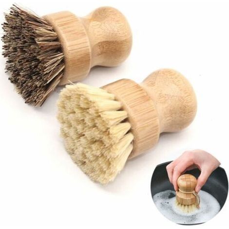 Brosse Vaisselle en Bambou Brosse Vaisselle en Bois Brosse à Pot de Poils Brosse Champignon Brosse Legumes Brosse à Poêle Brosse à évier Brosse à Récurer Ronde Brosses de Nettoyage pour Cuisine 2pcs (1/4)