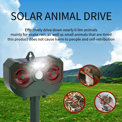 Répulsif ultrasonique pour chats et animaux, alarme sonore et visuelle, rechargeable par énergie solaire ou piles, étanche, pour chats, chiens, etc. (1/5)