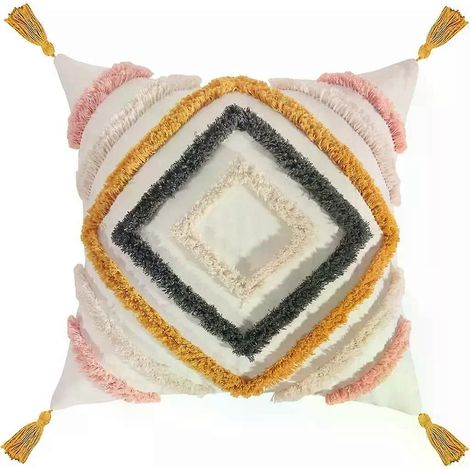 Coussin bohème beige décoratif en coton, housse de coussin capitonnée marocaine, taies d'oreiller à pompons pour canapé, chambre, salon (45x45cm) (1/5)