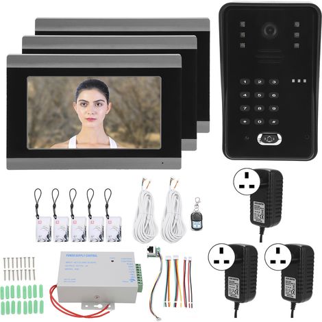Interphone vidéo filaire 7 pouces avec carte mot de passe, 3 moniteurs pour système de contrôle d'accès TUYA WiFi APP, IC à distance, 100‑240VAC, prise UK (1/5)