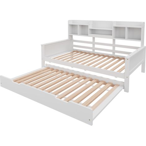 Canapé-lit escamotable 90200CM en bois massif, lit gigogne 90190CM, avec compartiment de rangement et sommier à lattes, lit multifonction en pin, lit simple, blanc (1/5)